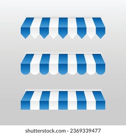 Blue and white sunshade. Outdoor awnings for cafe and shop window vector set. Tent sunshade for market, stripe summer scallop for store illustration