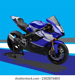 A Blue And White Supersport Superbike four cylinder inline motorcycle vector. This image suitable and perfect for racing, bigbike, community and automotive content. The motorcycle is parked on a road.