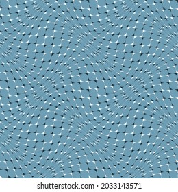 Blue white swinging illusion seamless pattern. Psychedelic distorted checkered repeatable texture. Scroll up and down to watch illusion effect.