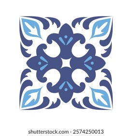 Blue and white symmetrical floral pattern with decorative leaves and curves, set on a white background. Creative design for tiles, decor, or textile. Vector illustration.