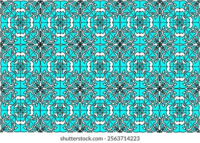 Blue and white symmetrical geometric motif with artistic patterns in a classic style. This design features intricate details with floral elements and regular circular shapes, perfect for backgrounds.