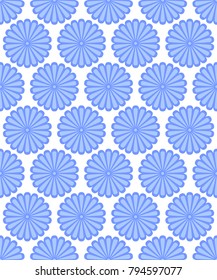 Blue and white symmetrical round daisy flowers seamless pattern, vector