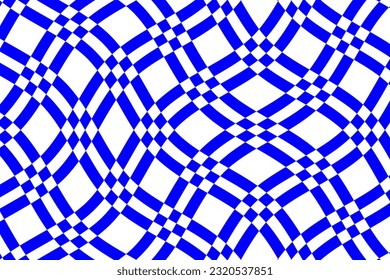 Blue and white tartan plaid fabric pattern. Wavy checkered flag texture background vector. Wave stripes ethnic pattern. Abstract geometric shapes.