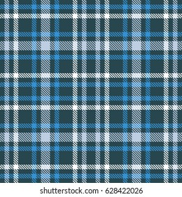 Blue and white tartan seamless vector pattern. Checkered plaid texture. Geometrical simple square background for fabric, textile, cloth, clothing, shirts, shorts, dress, blanket, wrapping design