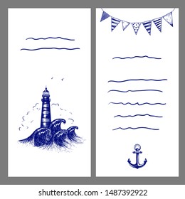 Blue and white template in nautical style. Can be used as greeting card or wedding invitation