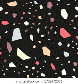 Patrón transparente del vector de mosaico de Terrazzo azul y blanco. Ilustración cerámica del Muro de Terrazzo. Postal italiana negra y roja.