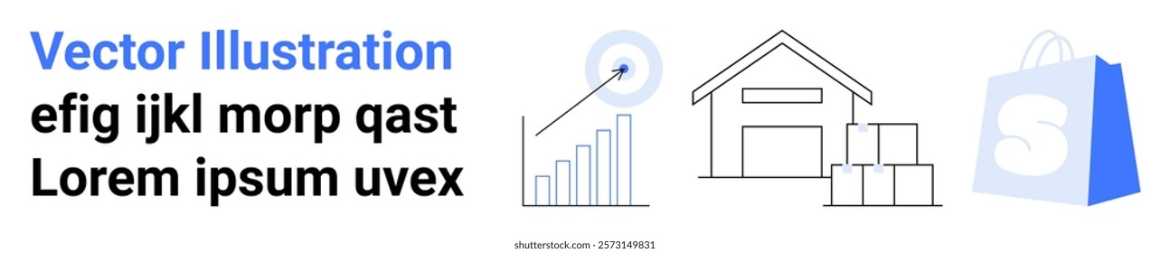 Blue and white text joined by a graph with an arrow target a warehouse with boxes and a shopping bag. Ideal for e-commerce logistics inventory management sales analysis online shopping business