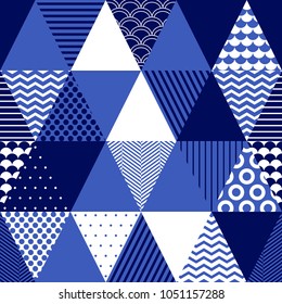 Blue and white textured triangles geometric abstract seamless pattern, vector