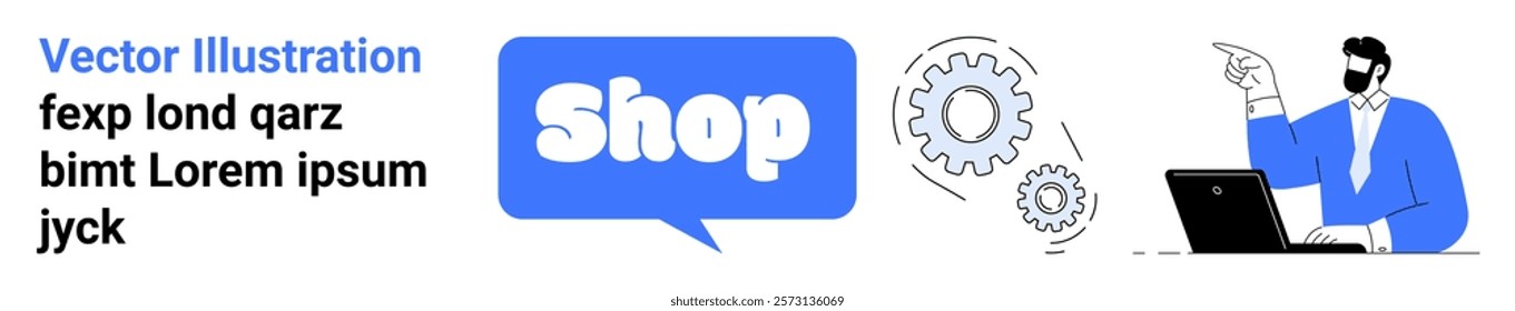 Blue and white theme of a person pointing at a laptop with an interactive speech bubble, gears, and text elements. Ideal for online retail, e-commerce platforms, technology, digital marketing