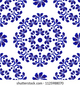 blue and white tile pattern, abstract floral decorative seamless background for design, porcelain, chinaware, ceramic, tile, ceiling, texture, wallpaper, floor and wall, vector illustration