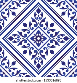 blue and white tile pattern, abstract floral seamless background for design, porcelain, chinaware, ceramic, tile, ceiling, texture, wallpaper, floor and wall, decorative backdrop Thailand style vector