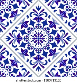 blue and white tile pattern, Azulejos Portugal ornament, Talavera ceramic decor, Moroccan mosaic, Spanish porcelain tableware, folk print, Spanish pottery, Mediterranean seamless background vector