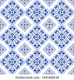 blue and white tile pattern, Azulejos Portugal ornament, Talavera ceramic decor, Moroccan mosaic, Spanish porcelain tableware, folk print, Spanish pottery, Mediterranean seamless background vector