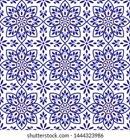 Blue and white tile pattern, Azulejos Portugal ornament, Talavera ceramic decor, Moroccan mosaic, Spanish porcelain tableware, folk print, Spanish pottery, Mediterranean seamless background vector