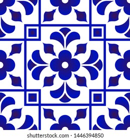 blue and white tile pattern, Azulejos Portugal ornament, Talavera ceramic decor, Moroccan mosaic, Spanish porcelain tableware, folk print, Spanish pottery, Mediterranean seamless background vector