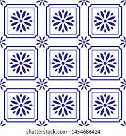 blue and white tile pattern, Azulejos Portugal ornament, Talavera ceramic decor, Moroccan mosaic, Spanish porcelain tableware, folk print, Spanish pottery, Mediterranean seamless background vector