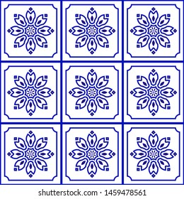 blue and white tile pattern, Azulejos Portugal ornament, Talavera ceramic decor Moroccan mosaic, Spanish porcelain tableware, folk pottery print, Mediterranean seamless background vector illustration