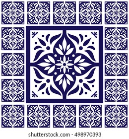 Blue white tiles floor - lace pattern vector with ceramic cement tiles. Big tile in center is framed. Background with portuguese azulejo, mexican talavera, spanish, delft, italian motifs.