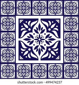 Blue white tiles floor - pattern vector with ceramic cement tiles. Big tile in center is framed in small. Background with portuguese azulejo, mexican talavera, spanish, delft, italian motifs.