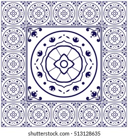 Blue white tiles floor pattern vector with ceramic cement tiles. Big tile in center is framed. Background with Portuguese azulejo, Dutch delft, Italian majolica, Mexican talavera, Spanish motifs.