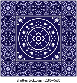 Blue white tiles floor - pattern vector with ceramic cement tiles. Big tile in center is framed. Background with portuguese azulejo, mexican talavera, spanish, delft, italian motifs.