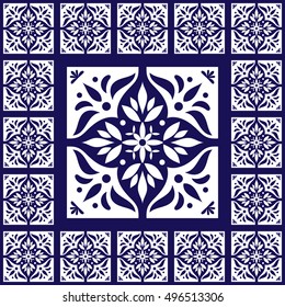 Blue white tiles floor - vintage pattern vector with ceramic cement tiles. Big tile in center is framed in small. Background with portuguese, mexican talavera, spanish, delft motifs.
