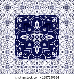 Blue and white tiles pattern ceramic background vector with floral motifs. Big element in frame. Print with portugal azulejos, mexican talavera, spanish mosaic, delft dutch, italian sicily majolica.