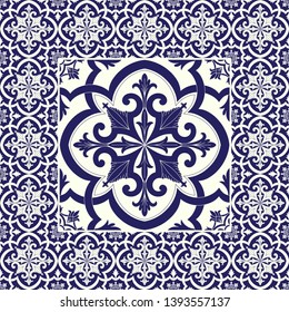 Blue and white tiles pattern floor background vector with ceramic motifs. Big element in frame. Print with portuguese azulejos, mexican talavera, spanish mosaic, delft dutch, italian sicily majolica.