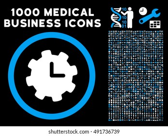 Blue And White Time Settings vector bicolor rounded icon. Image style is a flat icon symbol inside a circle, black background. Bonus clipart has 1000 healthcare business pictograms.