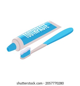 Blue and white toothpaste tube and toothbrush isometric icon vector illustration