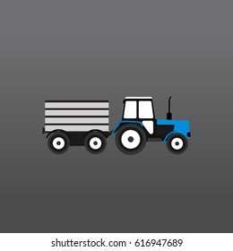 Blue and white tractor with a gray trailer on a gray gradient background. Vector Illustration