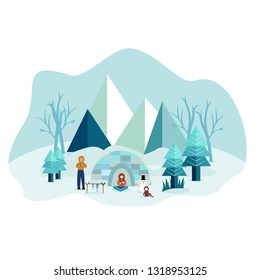 Blue white tree mountain fish Eskimo people leaf Snowman sky snow igloo character template Suitable for holiday travel family event hiking outdoor trip vacation journey tourist concept business
