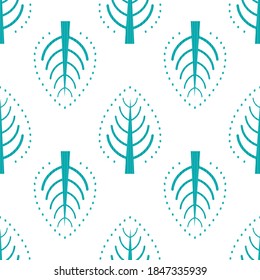 Blue white trees folk art seamless vector pattern background. Modern Scandinavian forest motif backdrop. Hand drawn stylized decorative scandi style illustration. All over print for wellness, beauty.