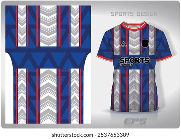 blue white triangle straight stripes pattern design, illustration, textile background for sports t-shirt, football jersey shirt mockup for football club. consistent front view