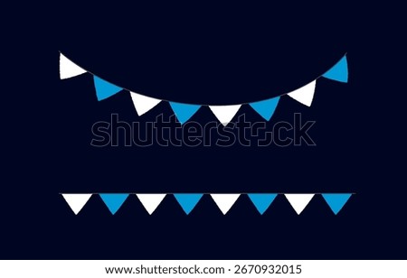 Blue and white triangular pennant bunting banners on dark background in straight and curved arrangements for festive party or Oktoberfest decoration