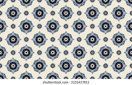 Blue white tribal repeat pattern. Traditional design for paper, packaging, fabric, clothing, wrapping, carpet, tile, decoration, vector illustration, embroidery style. Adinkra symbols in Asian way.