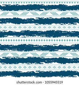 Blue and white tribal vector seamless pattern with doodle elements. Aztec abstract geometric art print. Ethnic ornamental hand drawn backdrop.