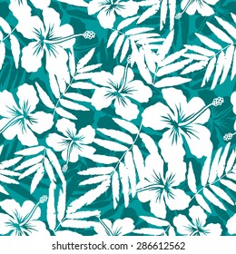 Blue And White Tropical Flowers Silhouettes Vector Seamless Pattern