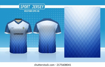 Blue white t-shirt sport design template for soccer jersey, football kit and badminton jersey. Sport uniform in front and back view. Tshirt mock up for sport club. Vector Illustration.