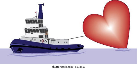 Blue and white tugboat pulling a red heart (vector)