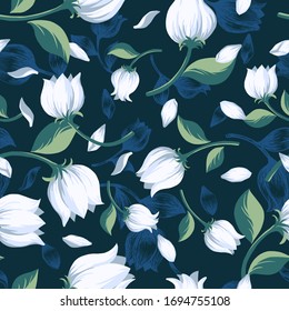 Blue White Tulip Vector Illustration Vintage Floral Seamless Pattern