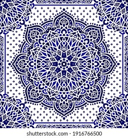 Tonos turcos azules y blancos con adornos de Mandala de lujo. Motivos tradicionales árabes e indios. Ideal para tejidos y textiles, papel pintado, embalaje o cualquier idea deseada.