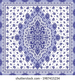 Tonos turcos azules y blancos sin fisuras con adornos florales de lujo. Motivos tradicionales árabes e indios. Ideal para tejidos y textiles, papel pintado, embalaje o cualquier idea deseada.