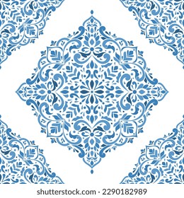Das türkische Muster in Blau und Weiß ist nahtlos und mit luxuriösen Blumenverzierungen gestaltet. Traditionelle arabische, indische Motive. Ideal für Gewebe und Textilien, Tapeten, Verpackungen oder jede erwünschte Idee.