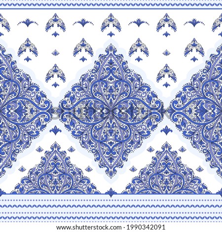 Blue and white Turkish seamless pattern with luxury floral ornament. Traditional Arabic, Indian motifs. Great for fabric and textile, wallpaper, packaging or any desired idea.