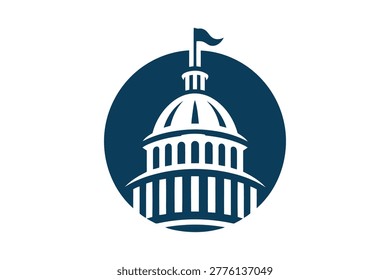 Blue and white U S Capitol building with flag on dark blue circular background