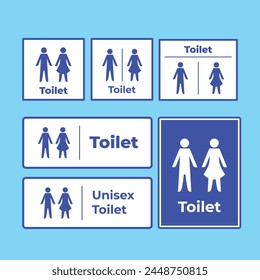 Blue and white unisex men women and gents ladies toilet sign age icon vector illustration set bundle isolated on square background. Simple flat doodle drawing collection.