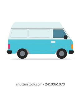 A blue and white van is depicted stationary in a simplistic style vector illustration