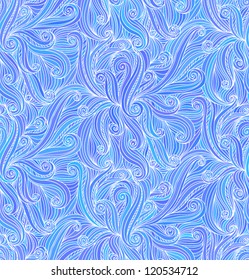 Blue and white vector abstract doodle draw curves seamless pattern.