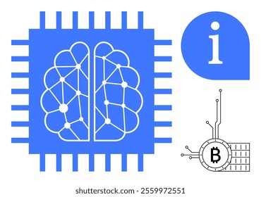 Blue and white vector of a brain inside a microchip symbolizing AI, info symbol, and a Bitcoin logo. Ideal for technology, AI, digital currency, blockchain, cryptocurrency, modern enterprises